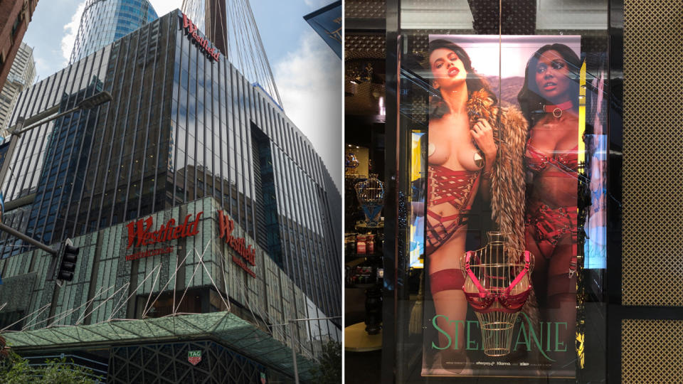 LEFT: The Westfield shopping centre in Sydney. RIGHT: Two models pose in red bondage-style Honey Birdette lingerie