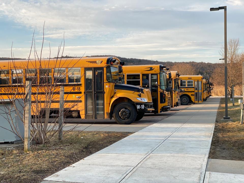 School buses at Allen Brook School in Williston on March 9, 2020.