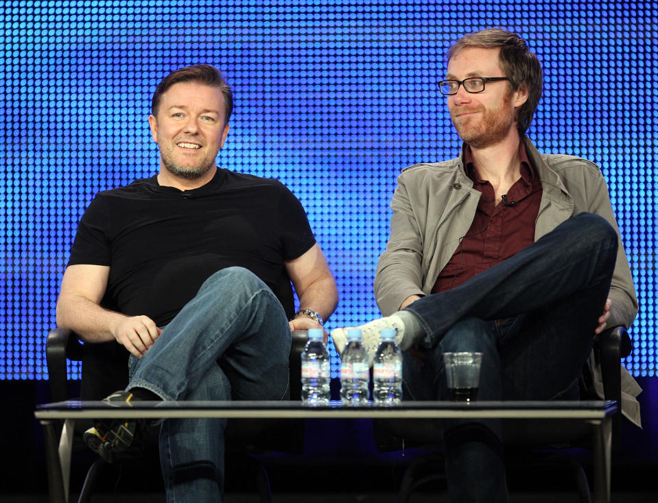 PASADENA, CA - JANUARY 14:  Executive producers Ricky Gervais (L) and Stephen Merchant of &quot;The Ricky Gervais Show&quot; speak during the HBO portion of the 2010 Television Critics Association Press Tour at the Langham Hotel on January 14, 2010 in Pasadena, California.  (Photo by Frederick M. Brown/Getty Images)