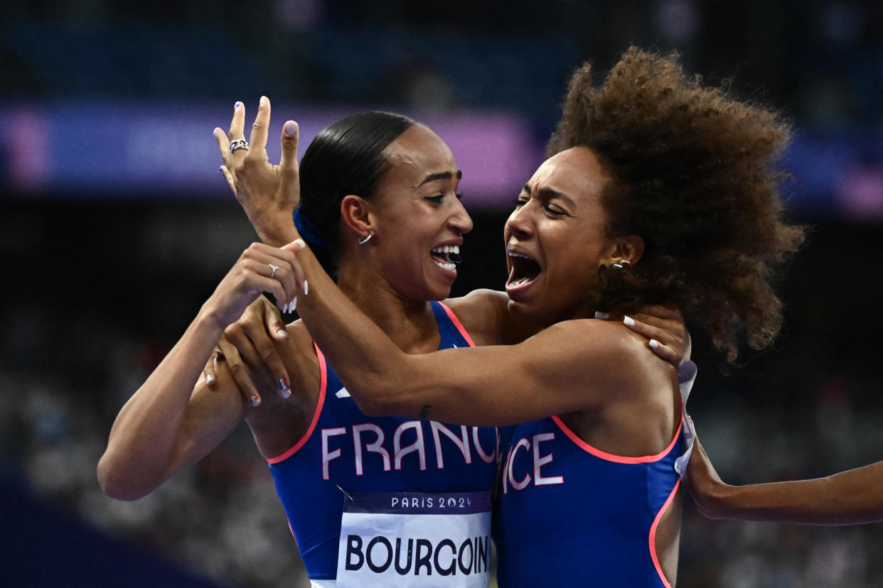 Anaïs Bourgoin, left, and Rénelle Lamote, of France, react after competing in the women's 800m semifinal at the Paris Olympics on Sunday.