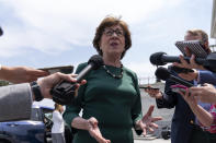 Sen. Susan Collins, R-Maine, talks to reporters as she leaves the U.S. Capitol, in Washington, Thursday, July 22, 2021. Republicans prepared to block the vote by mounting a filibuster over what they see as a rushed and misguided process. (AP Photo/Jose Luis Magana)