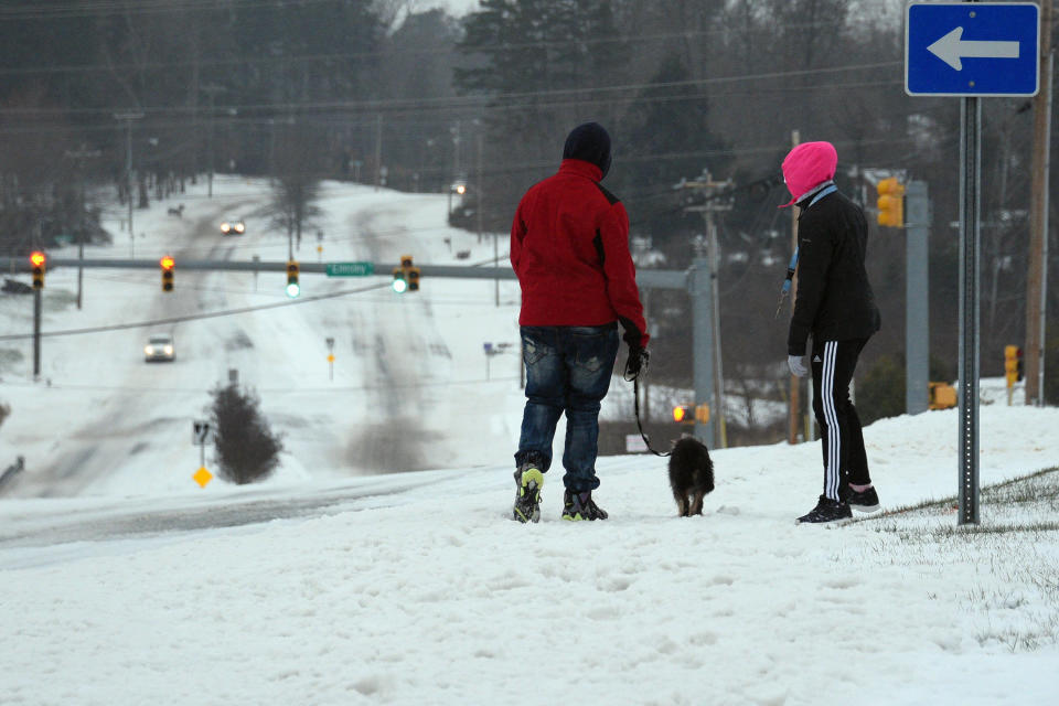 Pedestrians walk with their dog during a winter storm on January 22, 2016 in Greensboro, North Carolina. A major snowstorm is forecasted for the East Coast this weekend with some areas getting up to 30 inches of snow.