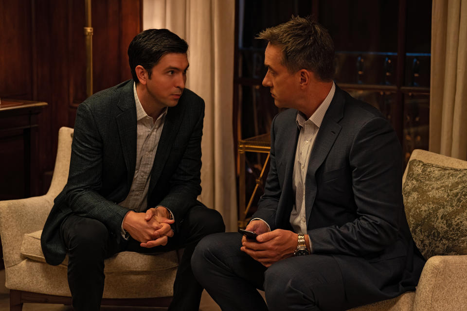 Nicholas Braun and Matthew Macfadyen in Succession S4. (Sky/HBO)