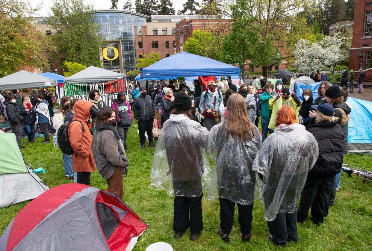 A coalition of University of Oregon student groups join forces to camp on campus demanding justice in the Palestinian territories. On Monday morning April 29, 2024 over 30 tents and other structures were in place between Lillis Hall and the Knight Library on the UO campus in Eugene.