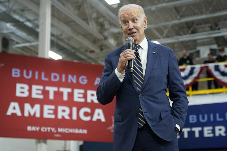 FILE - President Joe Biden speaks about manufacturing jobs and the economy at SK Siltron CSS, a computer chip factory in Bay City, Mich., Nov. 29, 2022. (AP Photo/Patrick Semansky, File)