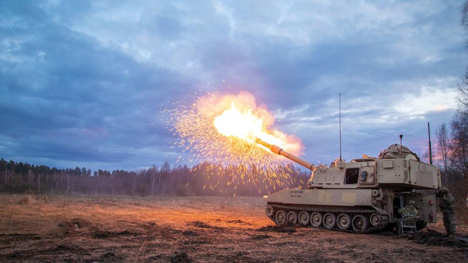 U.S. soldiers use an M109A6 Paladin howitzer to fire upon targets during a live-fire exercise at Bemowo Piskie, Poland, on March 15, 2023. (Sgt. Lianne M. Hirano/U.S. Army National Guard)