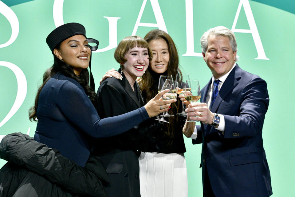 Paloma Elsesser, caste study competition winner Olivia Meyer, Vera Wang, and John Tighe toast glasses of Moët & Chandon. (Left to right)<p>Photo: Jamie McCarthy/Getty Images</p>
