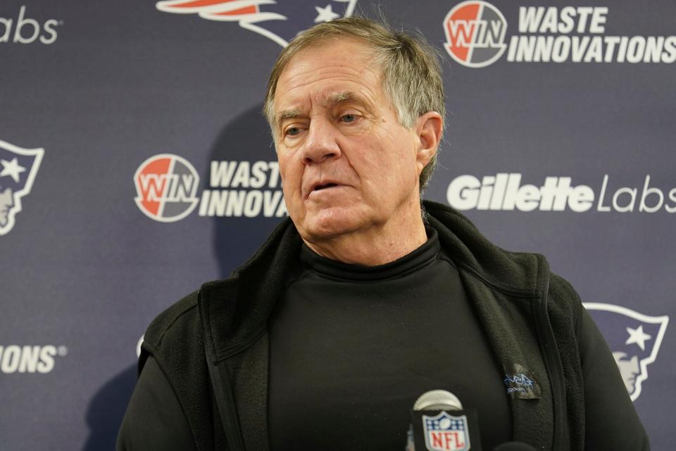 New England Patriots head coach Bill Belichick speaks during a news conference early Friday, Dec. 8, 2023, following an NFL football game Thursday night against the Pittsburgh Steelers, in Pittsburgh. The Patriots won 21-18. (AP Photo/Matt Freed)