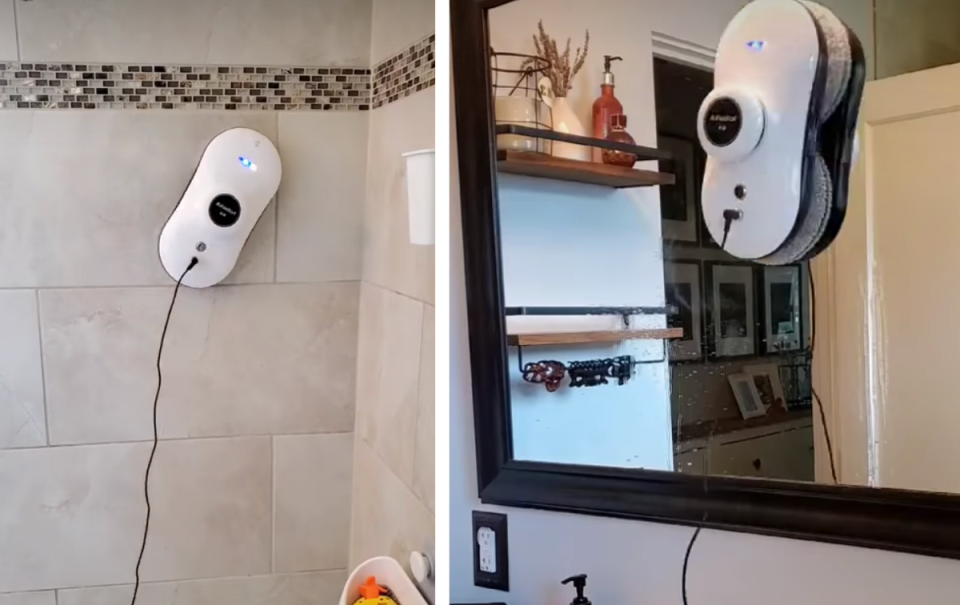 The Alfabot X6 cleaning a bathroom wall and mirror