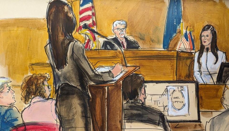 A courtroom sketch depicts former White House aide  Madeleine Westerhaut testifying during Donald Trump’s criminal trial in Manhattan on 9 May. (AP)
