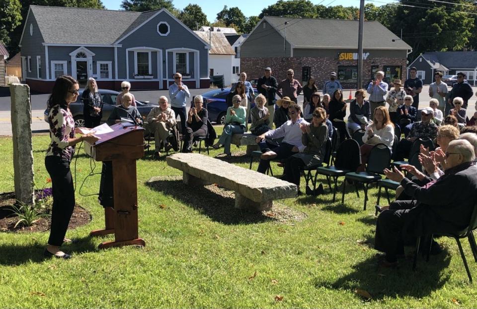 Cristi Eastman pays tribute to her late husband, Stephen, during the official opening of the new park dedicated to him at the Sanford-Springvale Historical Museum on Saturday, Sept. 17, 2022.