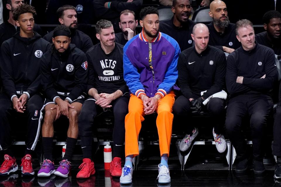 Ben Simmons sitting courtside on April 23, 2022 for a Brooklyn Nets and Boston Celtics basketball game. - Credit: AP