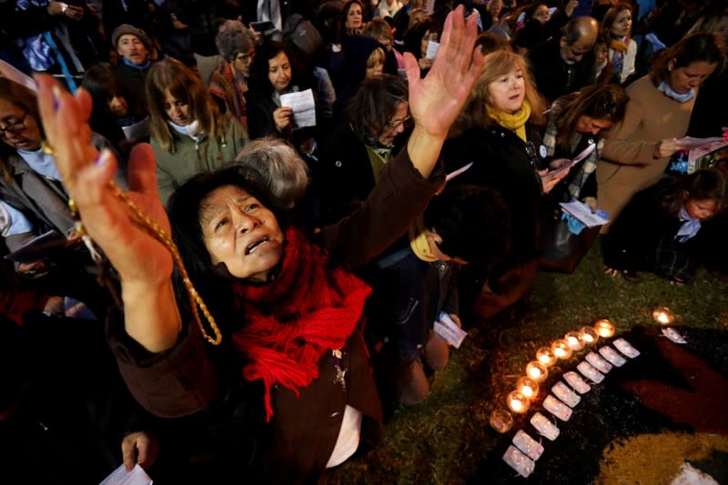 FILE PHOTO: Anti-abortion rights activists demonstrate outside the National Congress, in Buenos Aires