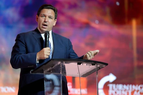 PHOTO: Florida Gov. Ron DeSantis addresses attendees during the Turning Point USA Student Action Summit, July 22, 2022, in Tampa, Fla. (Phelan M. Ebenhack/AP, FILE)