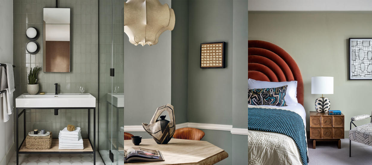  Gray-green. Gray-green bathroom tiles. Gray-green painted walls in dining room. Gray-green painted walls in bedroom. 