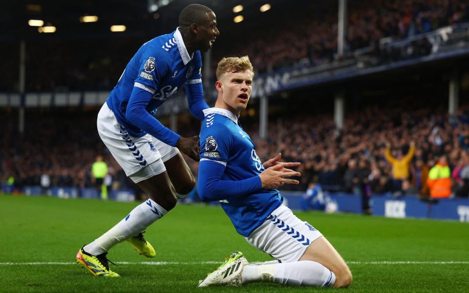 Everton's Jarrad Branthwaite celebrates scoring their first goal