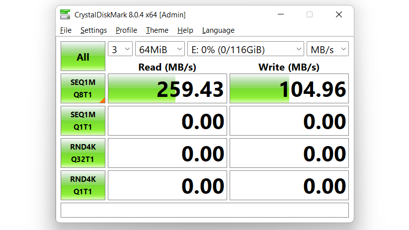 PNY EliteX-PRO60 SDXC card performance screenshot