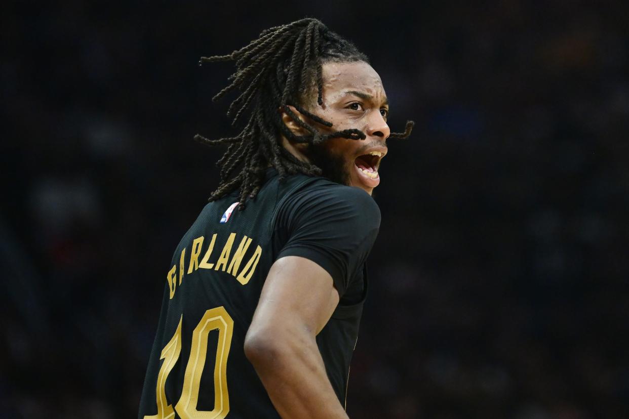 Apr 30, 2024; Cleveland, Ohio, USA; Cleveland Cavaliers guard Darius Garland (10) argues a call during the first half against the Orlando Magic in game five of the first round for the 2024 NBA playoffs at Rocket Mortgage FieldHouse. Mandatory Credit: Ken Blaze-USA TODAY Sports