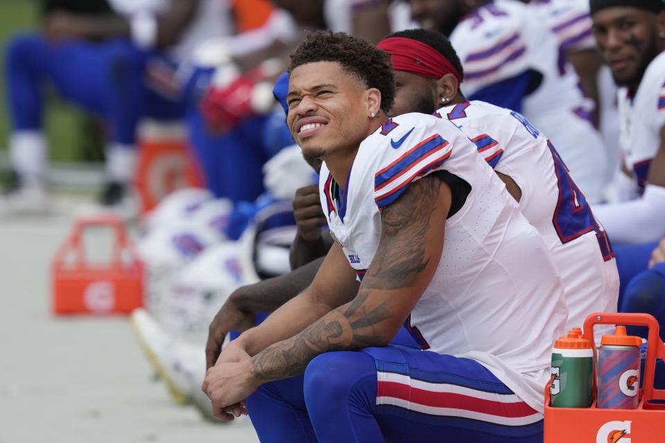 Buffalo Bills cornerback Taron Johnson looks at the scoreboard during an NFL preseason football game against the Chicago Bears Saturday, Aug. 26, 2023, in Chicago. | Charles Rex Arbogast, Associated Press