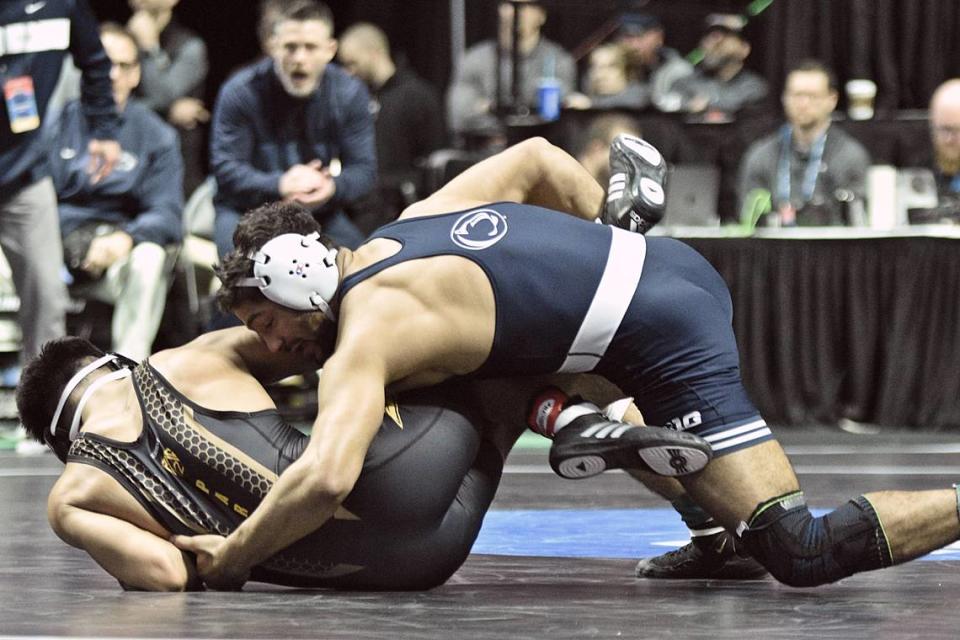 Penn State’s Shayne Van Ness controls Arizona State’s Kyle Parco in their 149-pound consolation finals match of the NCAA Championships on Saturday, March 18, 2023 at the BOK Center in Tulsa, Okla. Van Ness beat Parco, 7-2, to finish third.