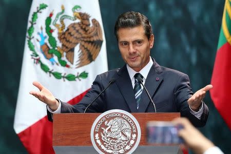 Mexico's President Enrique Pena Nieto gestures as he delivers speech during a welcome ceremony at the National Palace in Mexico City, Mexico July 17, 2017. REUTERS/Edgard Garrido