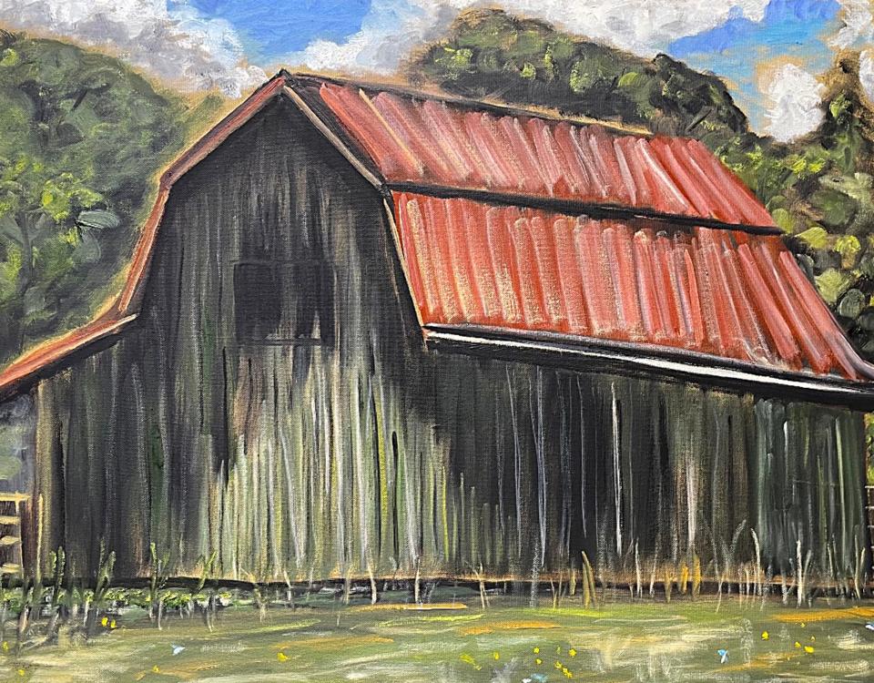 A barn is shown in this oil painting by Atlanta artist Lee Harper. Georgia artists and farmers were paired up for the Madison-Morgan Cultural Center's FARM 2022 exhibit, which opens Aug. 26.