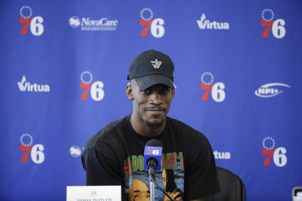 Philadelphia 76ers' Jimmy Butler speaks with members of the media during a news conference at the NBA basketball team's practice facility in Camden, N.J., Monday, May 13, 2019. (AP Photo/Matt Rourke)