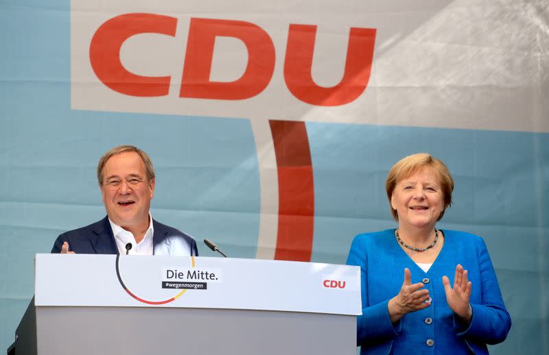 German Chancellor Merkel and CDU party leader and candidate for chancellor Laschet attend a rally, in Aachen