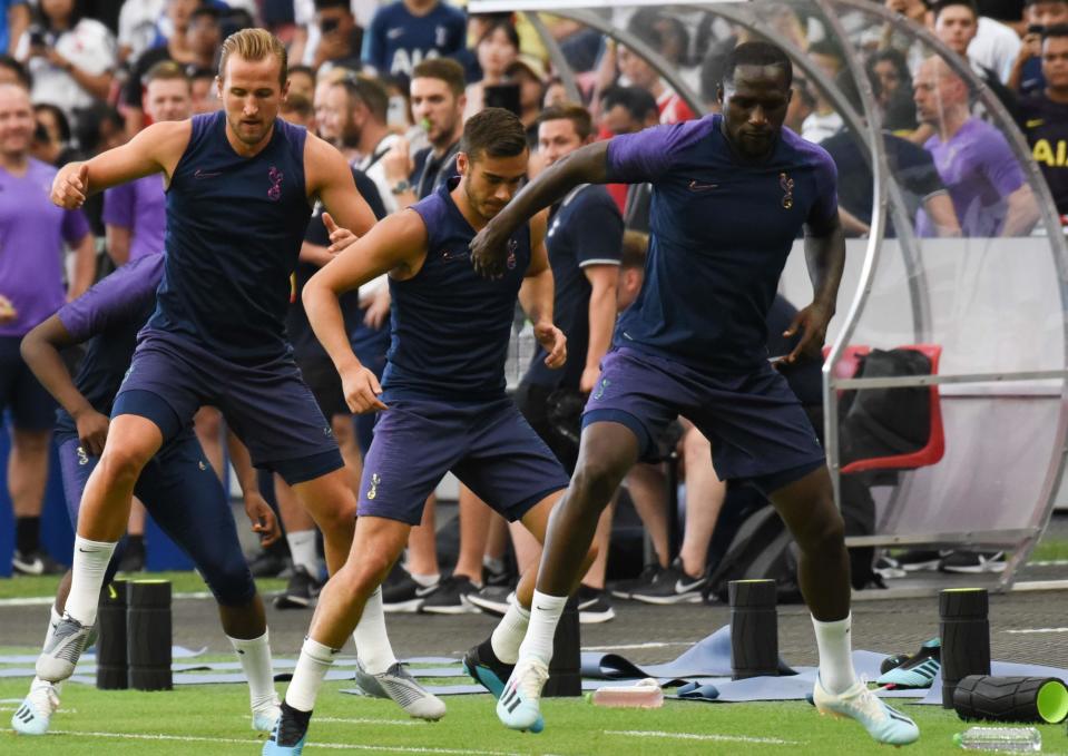 Tottenham Hotspur players (from left) Harry Kane, Harry Winks and Moussa Sissoko during training at the National Stadium for the International Champions Cup. (PHOTO: Zainal Yahya/Yahoo News Singapore)