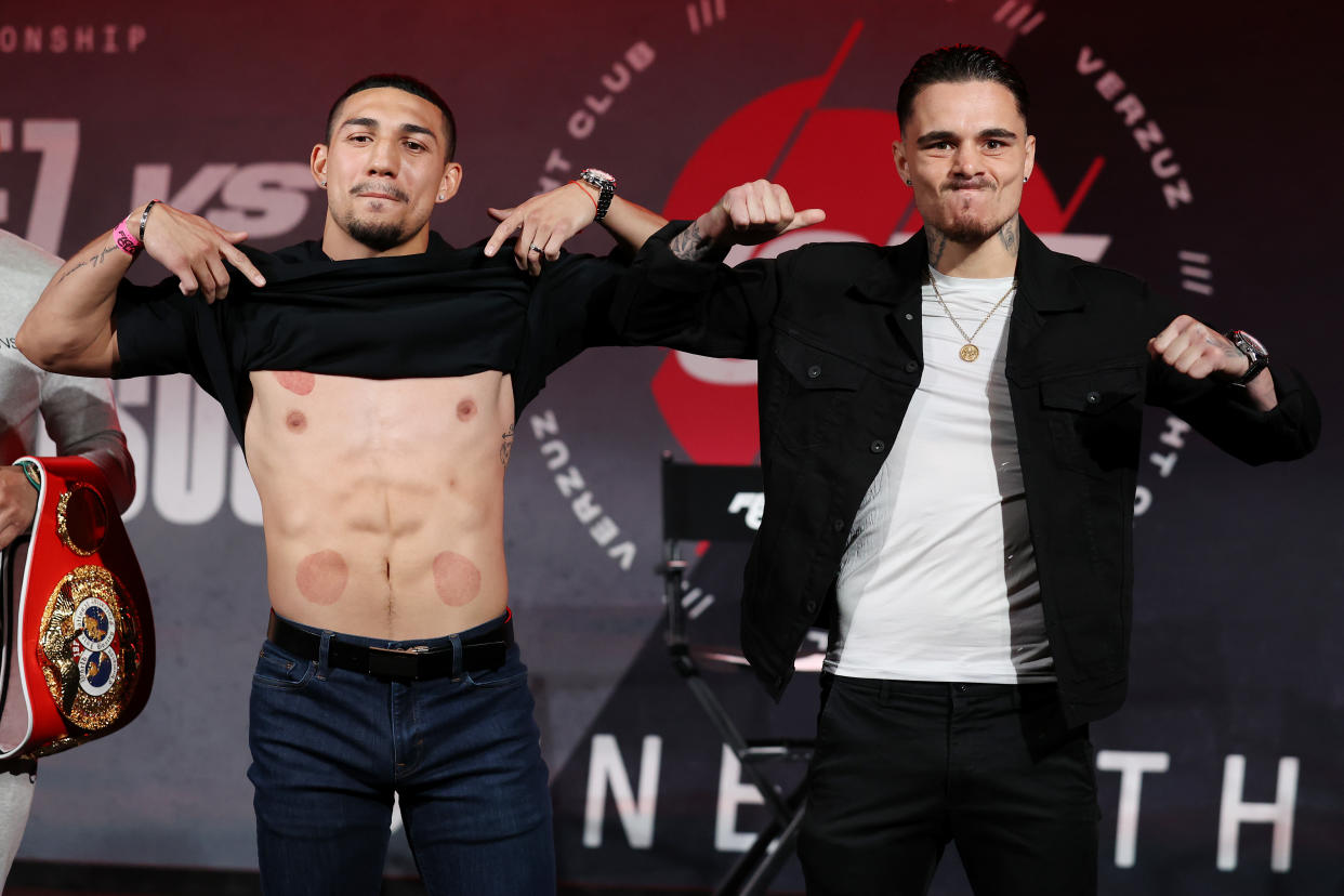 ATLANTA, GEORGIA - APRIL 16: Teofimo Lopez and George Kambosos Jr. pose during a press conference for Triller Fight Club at Mercedes-Benz Stadium on April 16, 2021 in Atlanta, Georgia ahead of their June 5 lightweight title fight. (Photo by Al Bello/Getty Images for Triller)