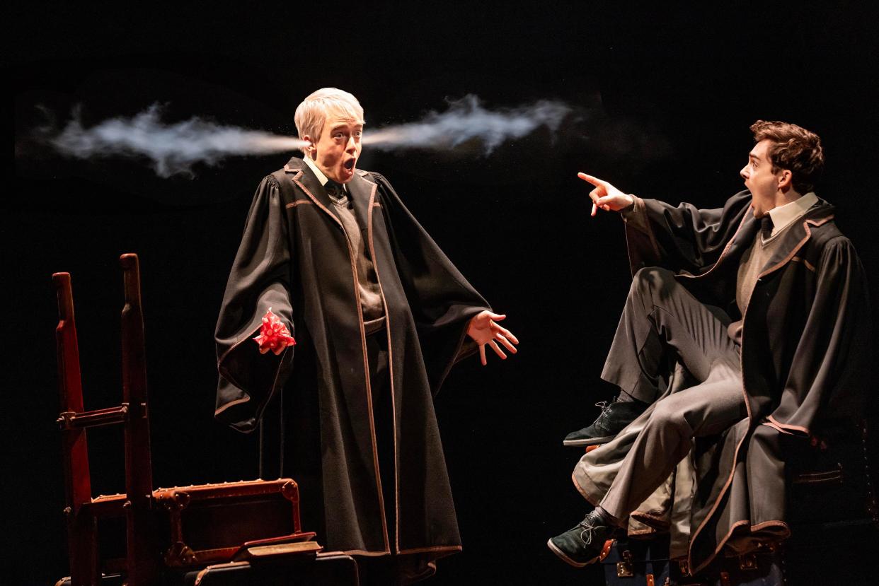 Erik Christopher Peterson as Scorpius Malfoy, left, and Joel Meyers as Albus Potter in the Broadway production of "Harry Potter and the Cursed Child."