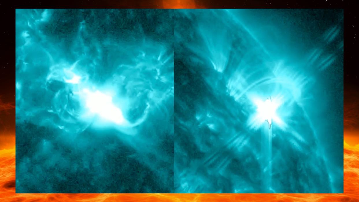  Two image still of the solar flares erupting from the surface of the sun. large bright eruptions are visible blasting off from the sun. 