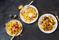 <p>Make our <a href="https://www.goodhousekeeping.com/food-recipes/easy/a35092147/how-to-make-scrambled-eggs-recipe/" rel="nofollow noopener" target="_blank" data-ylk="slk:Best-Ever Scrambled Eggs;elm:context_link;itc:0;sec:content-canvas" class="link "><strong>Best-Ever Scrambled Eggs</strong></a>, but before scrambling, whisk 1 tsp Old Bay seasoning into eggs, then scramble as directed. Fold in 1 cooked diced russet potato and 4 oz thinly sliced kielbasa (both browned). Sprinkle with chopped parsley.</p>