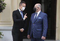 Poland's Foreign Minister Zbigniew Rau, right, walks with Hungarian Foreign Minister Peter Szijjarto during a meeting of foreign ministers from four central European countries known as the Visegrad Four in Lodz, Poland, Friday, May 14, 2021.(AP Photo/Czarek Sokolowski)