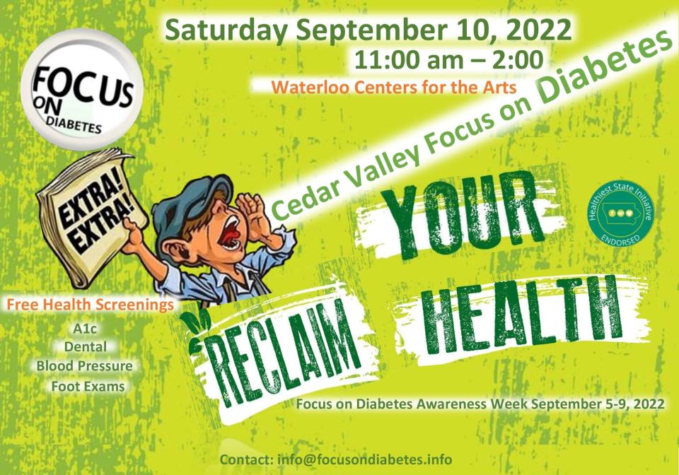 Bridget Saffold’s nonprofit Focus on Diabetes will host its 7th annual Cedar Valley Focus on Diabetes event September 10, 11:00 a.m. – 2:00 p.m., at the Waterloo Center for the Arts. The event will include free screenings for A1c (diabetes), blood pressure checks, dental treatments, and foot exams. Education will be provided by vendors and health professionals, including a cardiology nurse practitioner, optometrist, and bariatric surgeon Dr. Moiz Dawood, who will discuss weight loss options and services. People’s Community Health Clinic,  Hawkeye Community College’s dental clinic, Mercy One and Unity Point will be scheduling appointments.