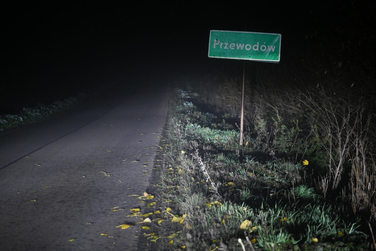 PRZEWODOW, POLAND - NOVEMBER 16: The entrance board to the village of Przewodow in the Lublin Voivodeship, seen on November 16, 2022 in Przewodow, Poland. At least two people were killed Tuesday in a suspected missile attack in eastern Poland not far from the Ukrainian border. (Photo by Artur Widak/Anadolu Agency via Getty Images)