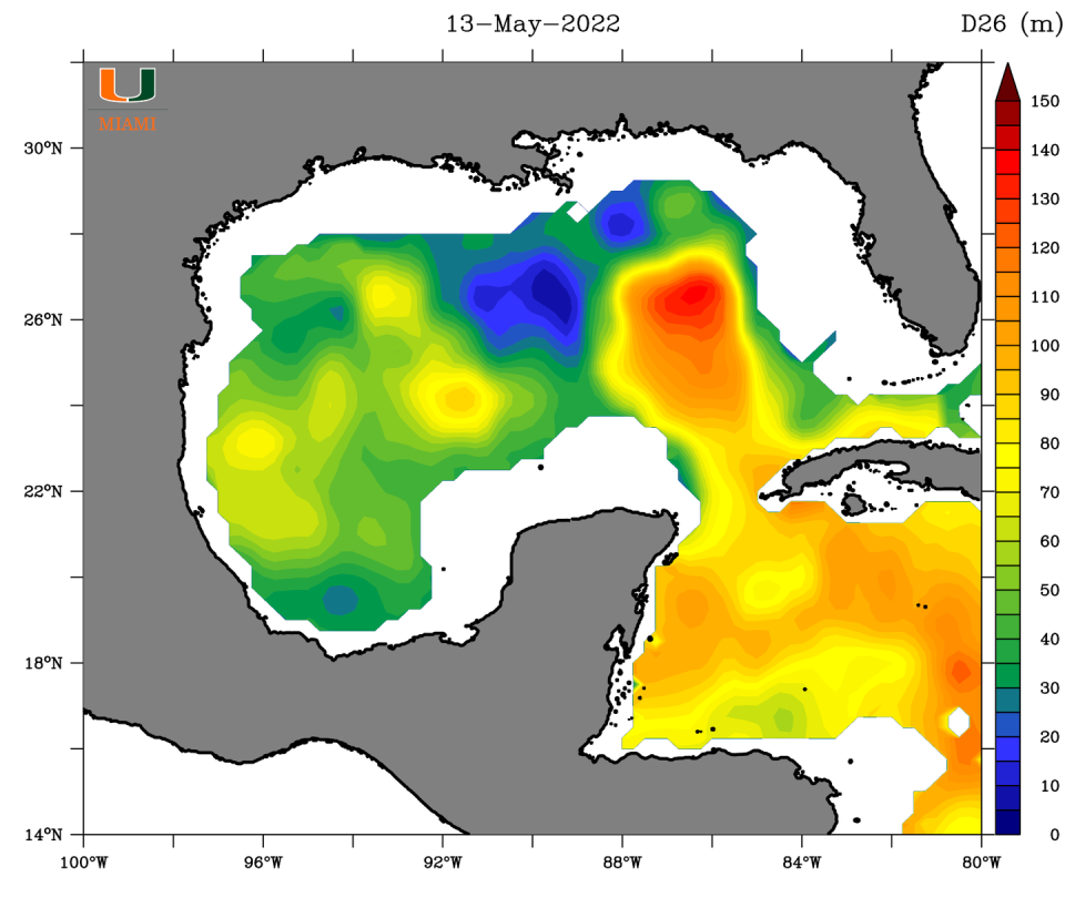 <span class="caption">The Loop Current was about as far north as Tampa, Florida, in mid May 2022. The scale, in meters, shows the maximum depth at which temperatures were 78 F (26 C) or greater.</span> <span class="attribution"><span class="source">Nick Shay/University of Miami</span>, <a class="link " href="http://creativecommons.org/licenses/by-nd/4.0/" rel="nofollow noopener" target="_blank" data-ylk="slk:CC BY-ND;elm:context_link;itc:0;sec:content-canvas">CC BY-ND</a></span>