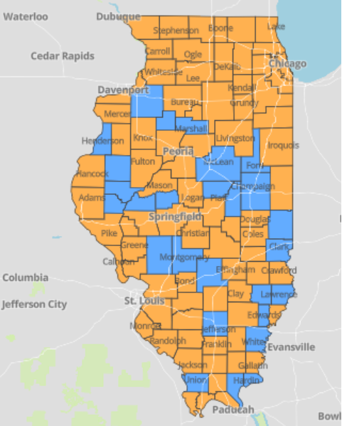 Seventy-five counties in Illinois were at an "orange" warning level for COVID-19 risk, as of Friday, according to state public health officials. (Illinois Department of Public Health)