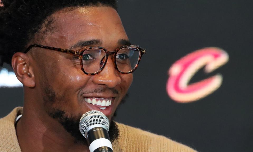 Cleveland Cavaliers guard Donovan Mitchell smiles as he fields questions during his introductory news conference on Sept. 14 in Cleveland.