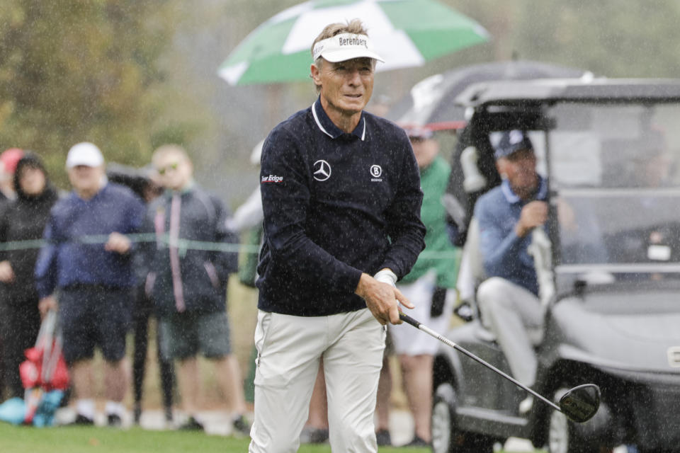 Bernhard Langer tees off during the final round of the PNC Championship golf tournament Sunday, Dec. 17, 2023, in Orlando, Fla. (AP Photo/Kevin Kolczynski)