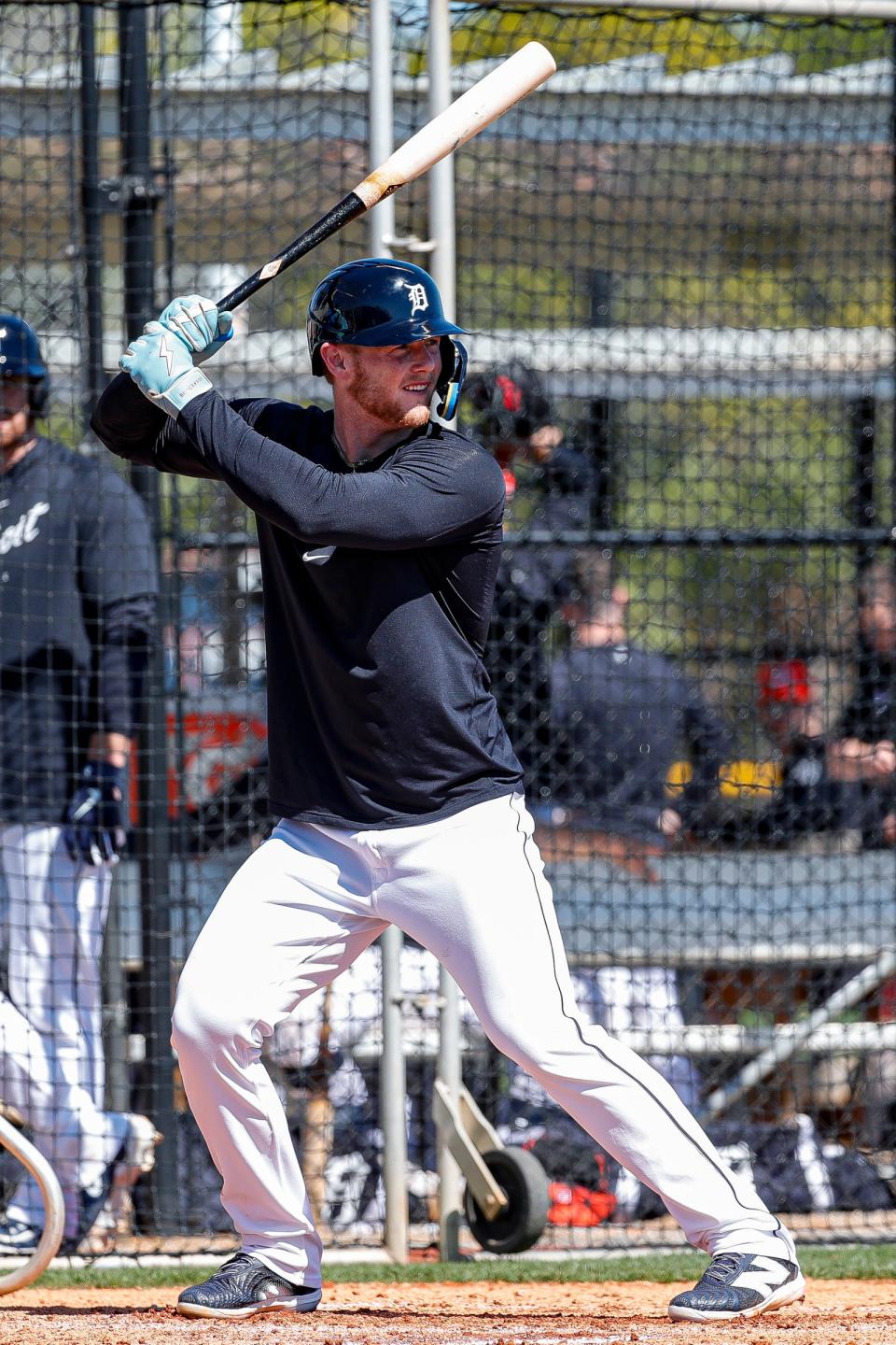 Detroit Tigers outfielder Justice Bigbie bats against pitcher Sean Guenther during spring training at TigerTown in Lakeland, Fla. on Tuesday, Feb. 20, 2024.