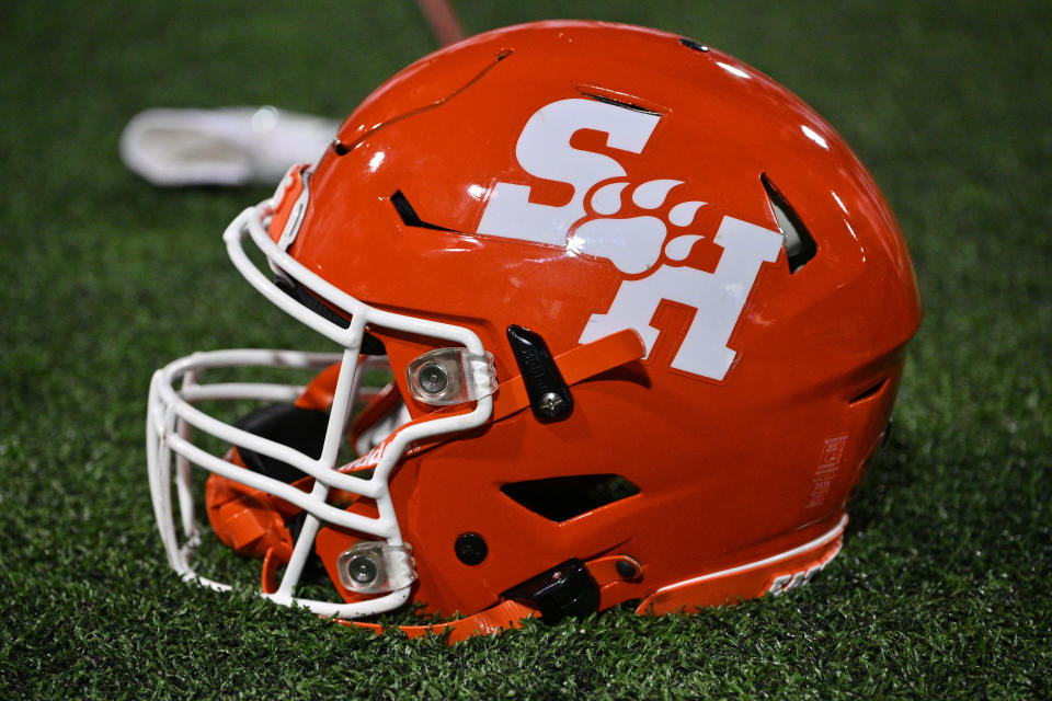 LAS CRUCES, NEW MEXICO - OCTOBER 11:  A Sam Houston Bearkats helmet is placed on the sideline during the second half of a game between the Bearkats and the New Mexico State Aggies at Aggie Memorial Stadium on October 11, 2023 in Las Cruces, New Mexico. The Aggies defeated the Bearkats 27-13.  (Photo by Sam Wasson/Getty Images)