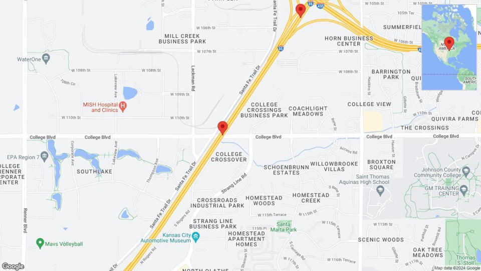 A detailed map that shows the affected road due to 'Warning: Crash on eastbound I-35 in Lenexa' on July 16th at 4:56 p.m.