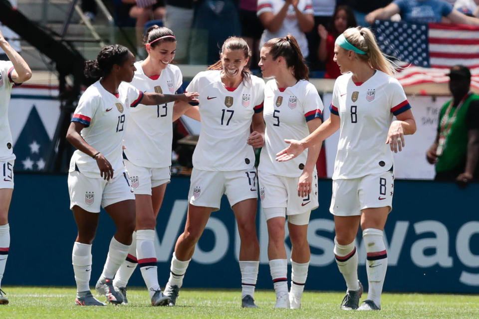 May 26, 2019; Harrison, NJ, USA; United States forward Tobin Heath (17) celebrates with teammates after scoring a goal during the first half against the Mexico in a Countdown to the Cup Women's Soccer match at Red Bull Arena. Mandatory Credit: Vincent Carchietta-USA TODAY Sports