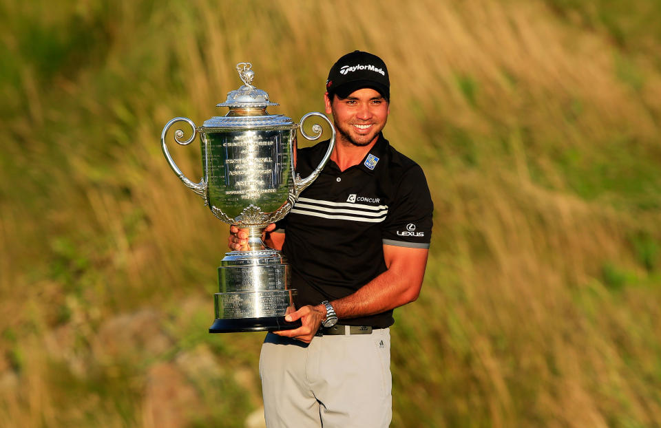 Jason Day holds the PGA Championship trophy in 2015