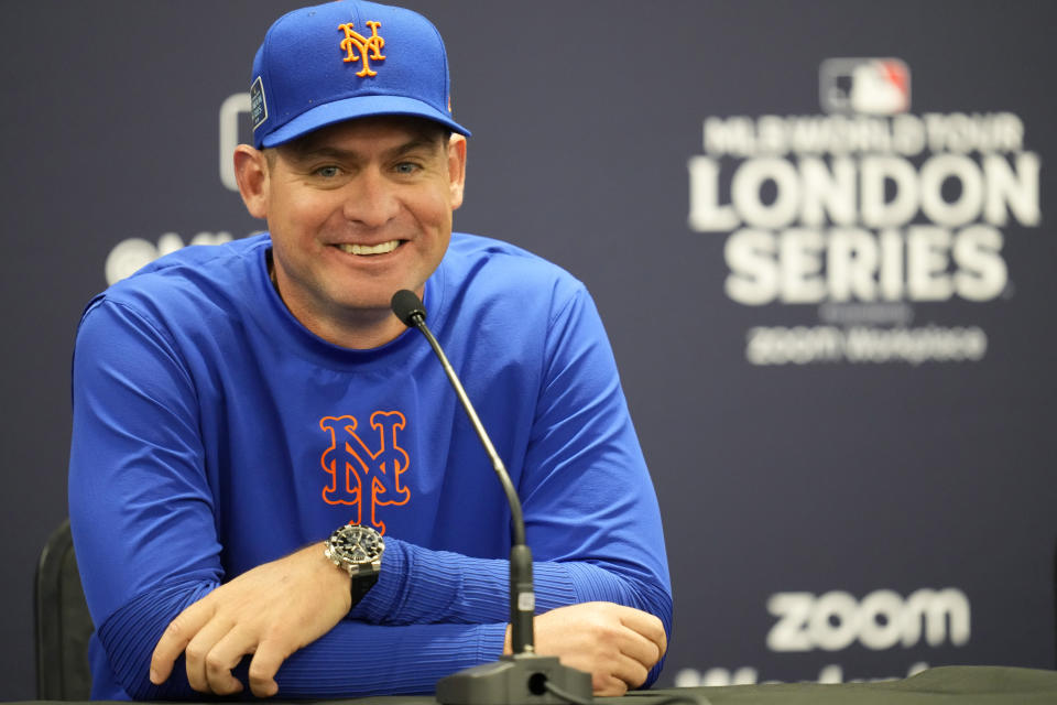 New York Mets manager Carlos Mendoza speaks during a press conference during a workout day at the London Stadium in London, Friday, June 7, 2024. New York Mets will play games against Philadelphia Phillies at the stadium on June 8 and June 9. (AP Photo/Kirsty Wigglesworth)