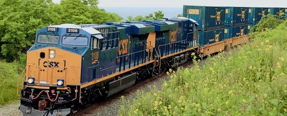 CSX locomotive and cars rounding mountain bend with wildflowers in foreground.