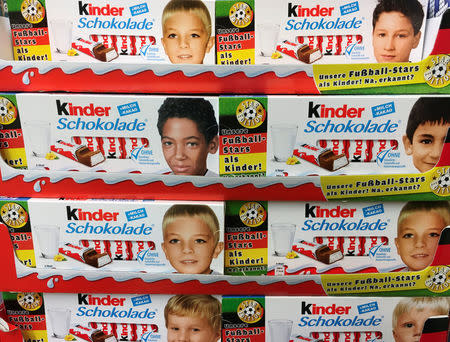 Images of German soccer players in their childhood are printed on Ferrero chocolate bar boxes in Berlin, Germany, May 25, 2016. REUTERS/Hannibal Hanschke