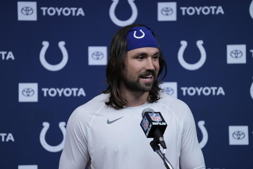 Indianapolis Colts quarterback Gardner Minshew II answers a question during a news conference after an NFL football game against the Houston Texans Sunday, Sept. 17, 2023, in Houston. The Colts won 31-20. (AP Photo/David J. Phillip)