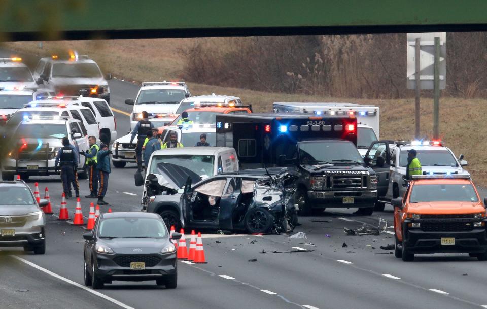 Multiple vehicles were involved in a collision on the Garden State Parkway southbound under the Route 524 (Atlantic Avenue) overpass in Wall Township shortly after noon Friday, January 28, 2022. 